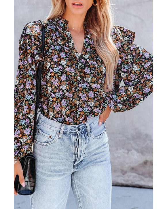 Azura Exchange Floral Print Ruffled Bubble Sleeve Shirt - XL