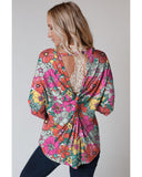 Azura Exchange Floral Long Sleeve Top with Twisted Hollow-out Back - S
