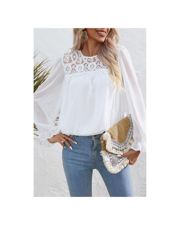 Azura Exchange Lace Patch Sheer Flounce Sleeve Blouse - S