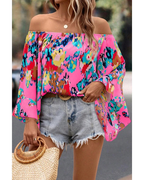 Azura Exchange Abstract Floral Print Off-shoulder Bell Sleeve Blouse - L