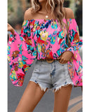 Azura Exchange Abstract Floral Print Off-shoulder Bell Sleeve Blouse - M