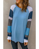Azura Exchange Blue Color Block Long Sleeves Pullover Top - M