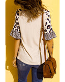 Azura Exchange Leopard Ruffle Sleeve Waffle Knit Top - L