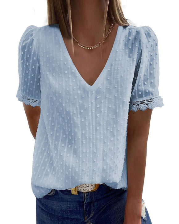 Azura Exchange Swiss Dot Lace V Neck Shirt - S