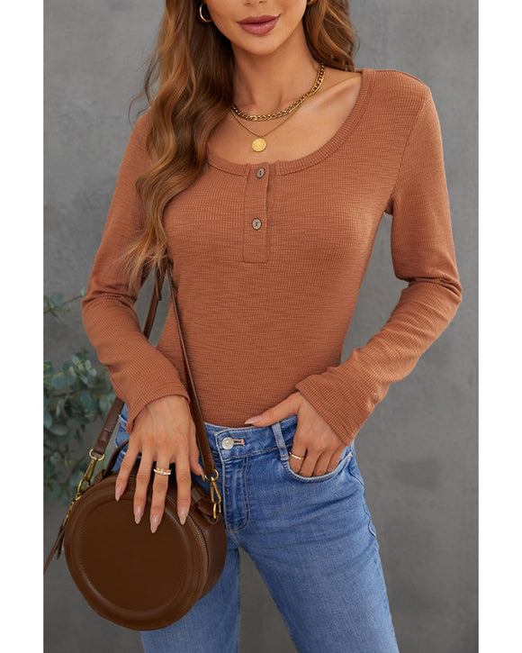 Azura Exchange Ribbed Knit Long Sleeve Top with Crewneck and Buttons - L