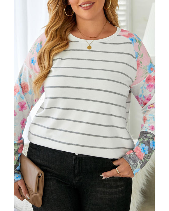 Azura Exchange Floral Long Sleeve Top with Stripe Print - 2X