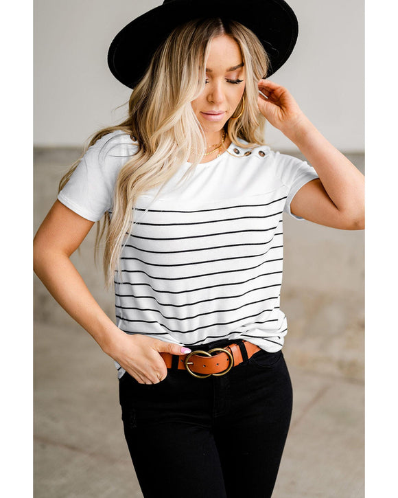 Azura Exchange Striped Buttoned Short Sleeve Top - L