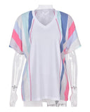 Azura Exchange Patchwork V Neck T-Shirt with Stripe Detail - XL