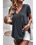 Azura Exchange Lace Crochet Patchwork V Neck T Shirt - S