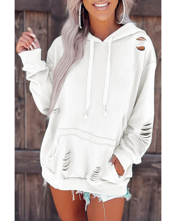 Azura Exchange Ripped Hooded Sweatshirt with Kangaroo Pocket - M