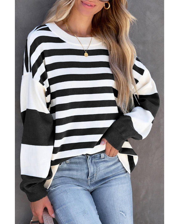 Azura Exchange Drop Shoulder Striped Pullover Sweatshirt - S