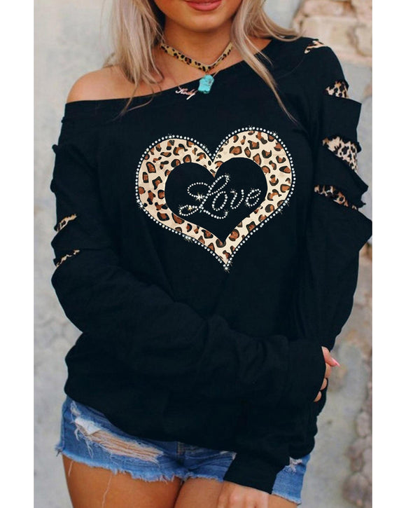 Azura Exchange Leopard Rhinestone Heart Graphic Sweatshirt - XL