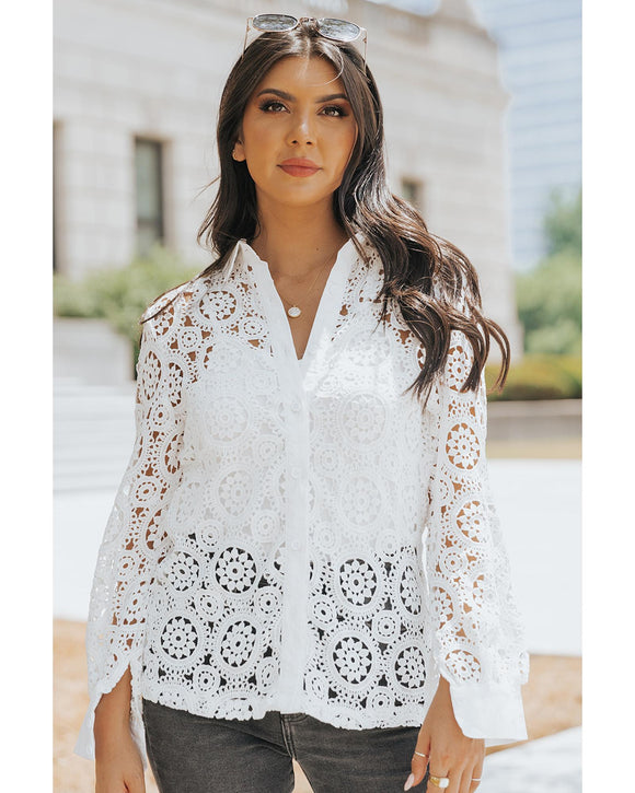 Azura Exchange Lace Hollow-out Shirt with Turn-down Collar - XL
