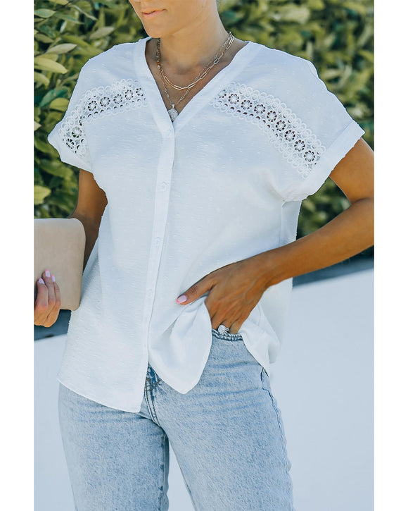 Azura Exchange Lace Splicing Buttoned Short Sleeve Shirt - 2XL