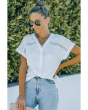 Azura Exchange Lace Splicing Buttoned Short Sleeve Shirt - XL
