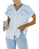 Azura Exchange Lace Splicing Buttoned Short Sleeve Shirt - XL