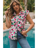 Azura Exchange Ruffled Sleeveless Shirt with Floral Print - L