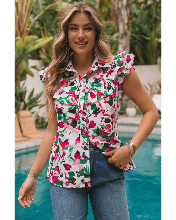 Azura Exchange Ruffled Sleeveless Shirt with Floral Print - M