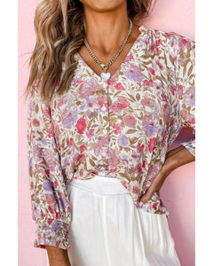 Azura Exchange Buttoned Puff Sleeves Shirt with Floral Print - L