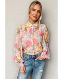 Azura Exchange Floral Collared Shirt with Puff Sleeves - XL
