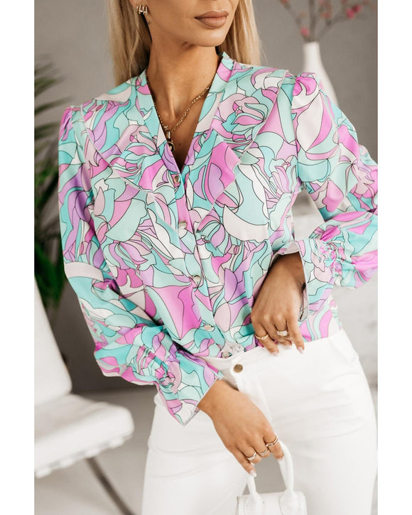 Azura Exchange Floral Print V-Neck Shirt with Ruffle Lapel - L