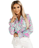 Azura Exchange Floral Print V-Neck Shirt with Ruffle Lapel - S
