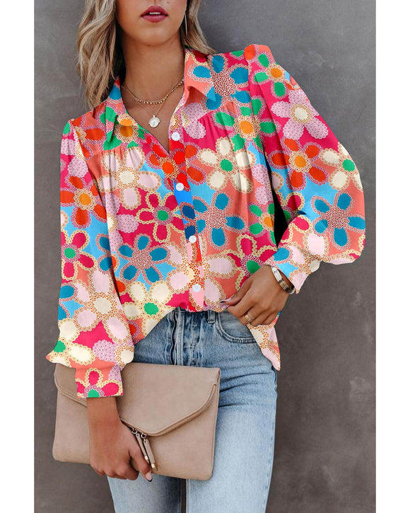 Azura Exchange Floral Print Bubble Sleeve Shirt - S