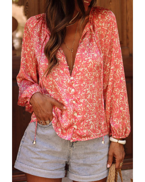 Azura Exchange Floral Bubble Sleeve Shirt with Lace-Up Detail - M