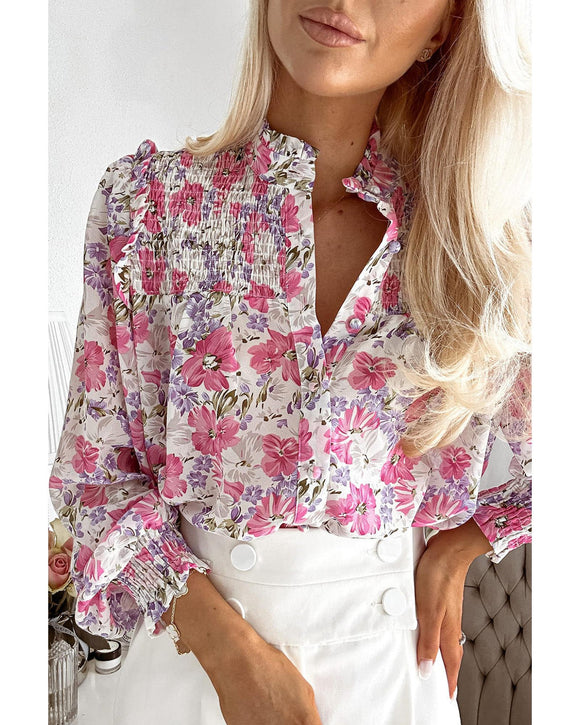 Azura Exchange Frilled Collar Floral Bubble Sleeve Shirt - L