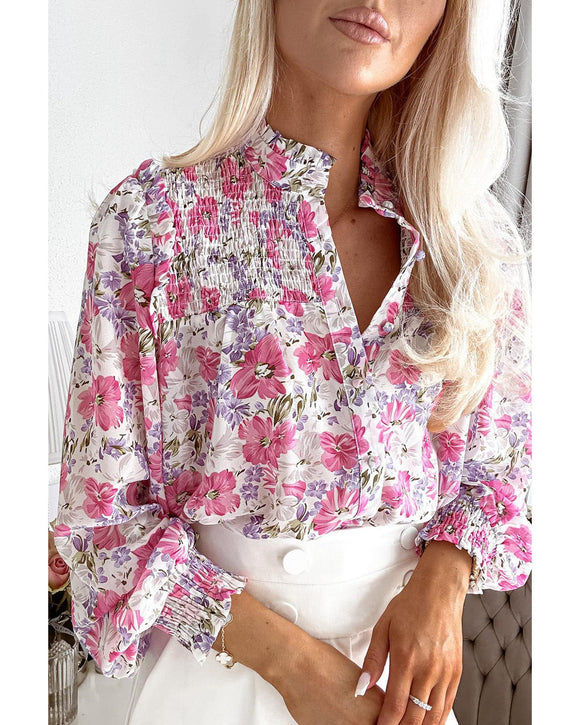 Azura Exchange Frilled Collar Floral Bubble Sleeve Shirt - M