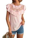 Azura Exchange Lace Splicing Ruffled Short Sleeve T-shirt - S
