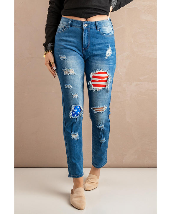 Azura Exchange Stripes and Stars Patches Ripped Jeans - L
