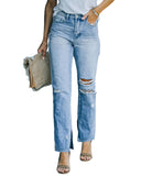 Azura Exchange Ripped High Waist Straight Leg Jeans with Side Splits - 10 US