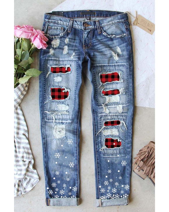 Azura Exchange Plaid Patch Snowflake Distressed Straight Jeans - S