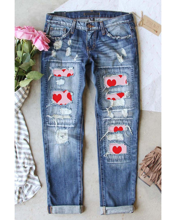 Azura Exchange Heart Patchwork Distressed Jeans - 10 US
