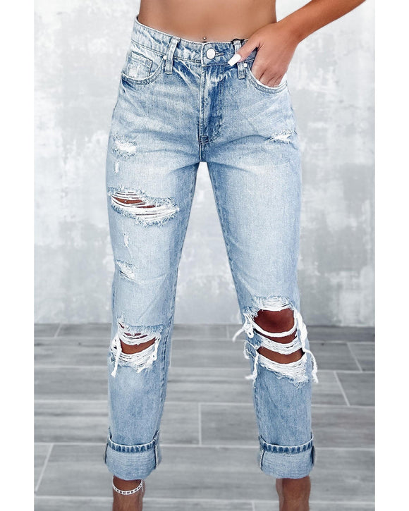 Azura Exchange Frayed Sky Blue Slim Fit High Waist Jeans - 12 US