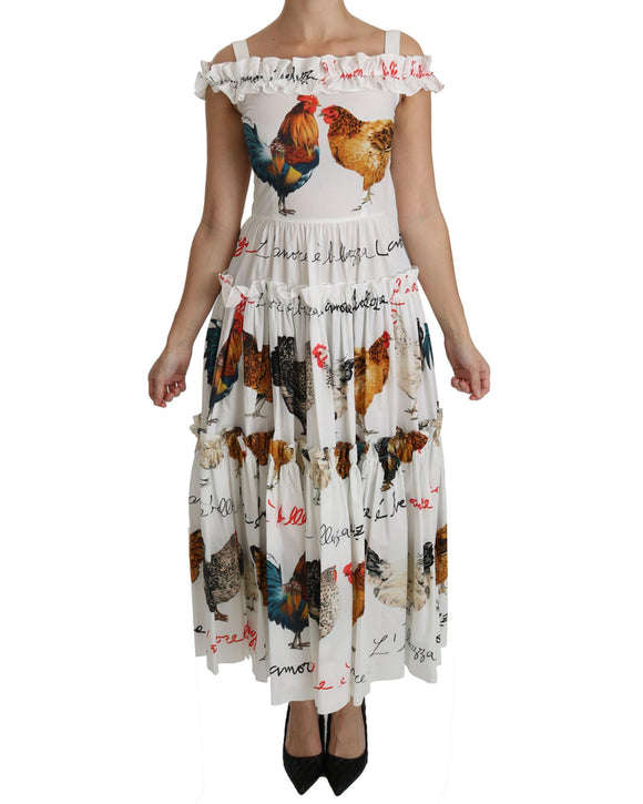 100% Authentic Dolce & Gabbana Sheath Midi Dress with Rooster Print 42 IT Women