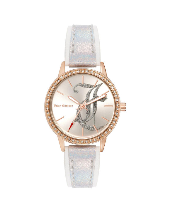 Rose Gold Analog Womens Fashion Watch with Rhinestone Detail and White Leatherette Strap One Size Women