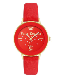 Gold Rhinestone Fashion Watch with Red Leatherette Strap One Size Women