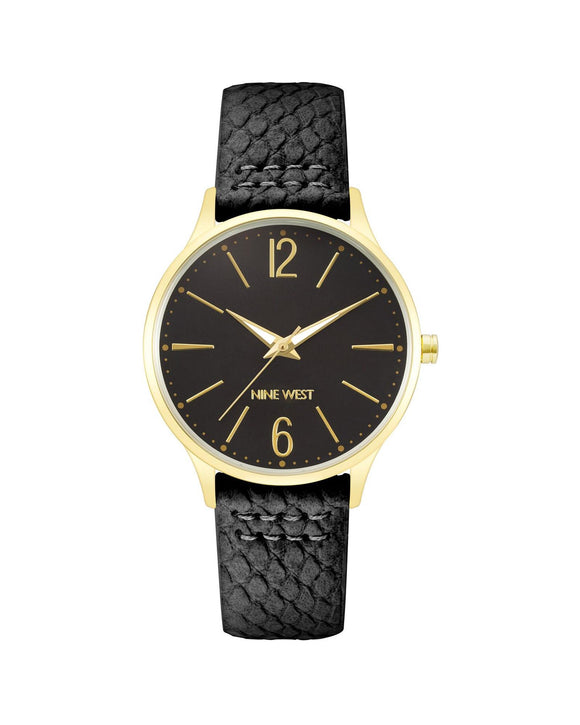 Black Stainless Steel Analog Quartz Watch with Leatherette Strap One Size Women