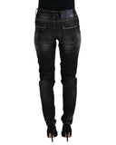 Tapered Mid Waist Black Washed Denim Jeans with Logo Details W26 US Women