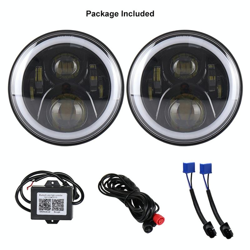 2 Pcs 7 Inch Dc12V 6000K - 6500K 50W Car Led Headlight Cree Lamp Beads For Jeep Wrangler / Harley Support App + Bluetooth Control Black