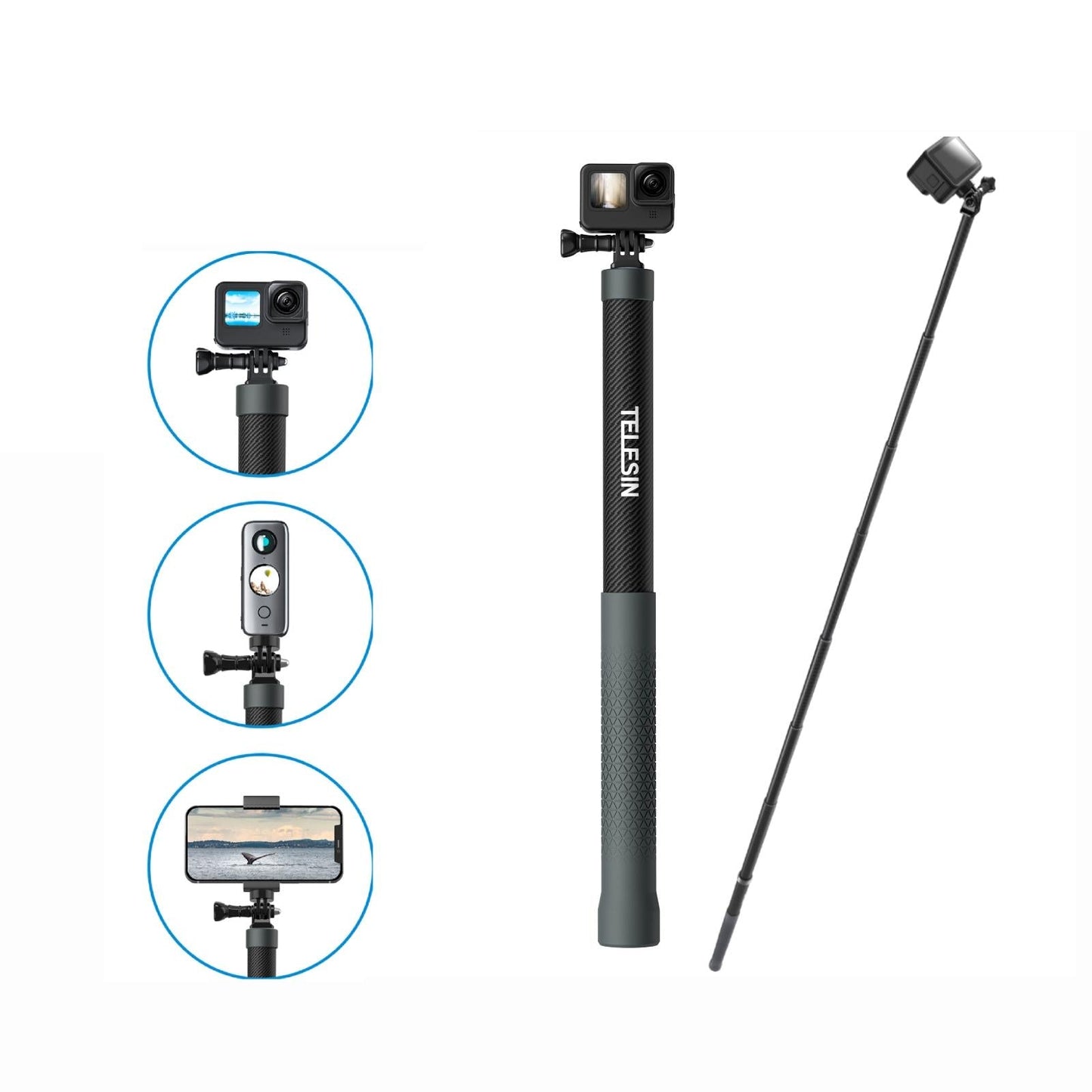 3m Carbon Fiber Selfie Stick Monopod for Action Cameras - 1 / 4 Screw