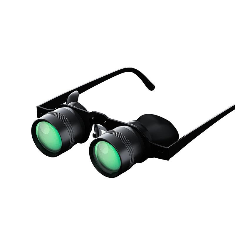 Black Fishing Binoculars with green lenses on a white background