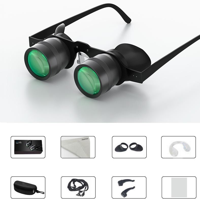 BlackFishing Binoculars with green lenses on a white background, accompanied by icons of accessories.