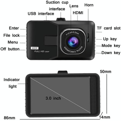1080p Hd 3.0 Wide-angle Driving Recorder with Reversing Image - Compact Size