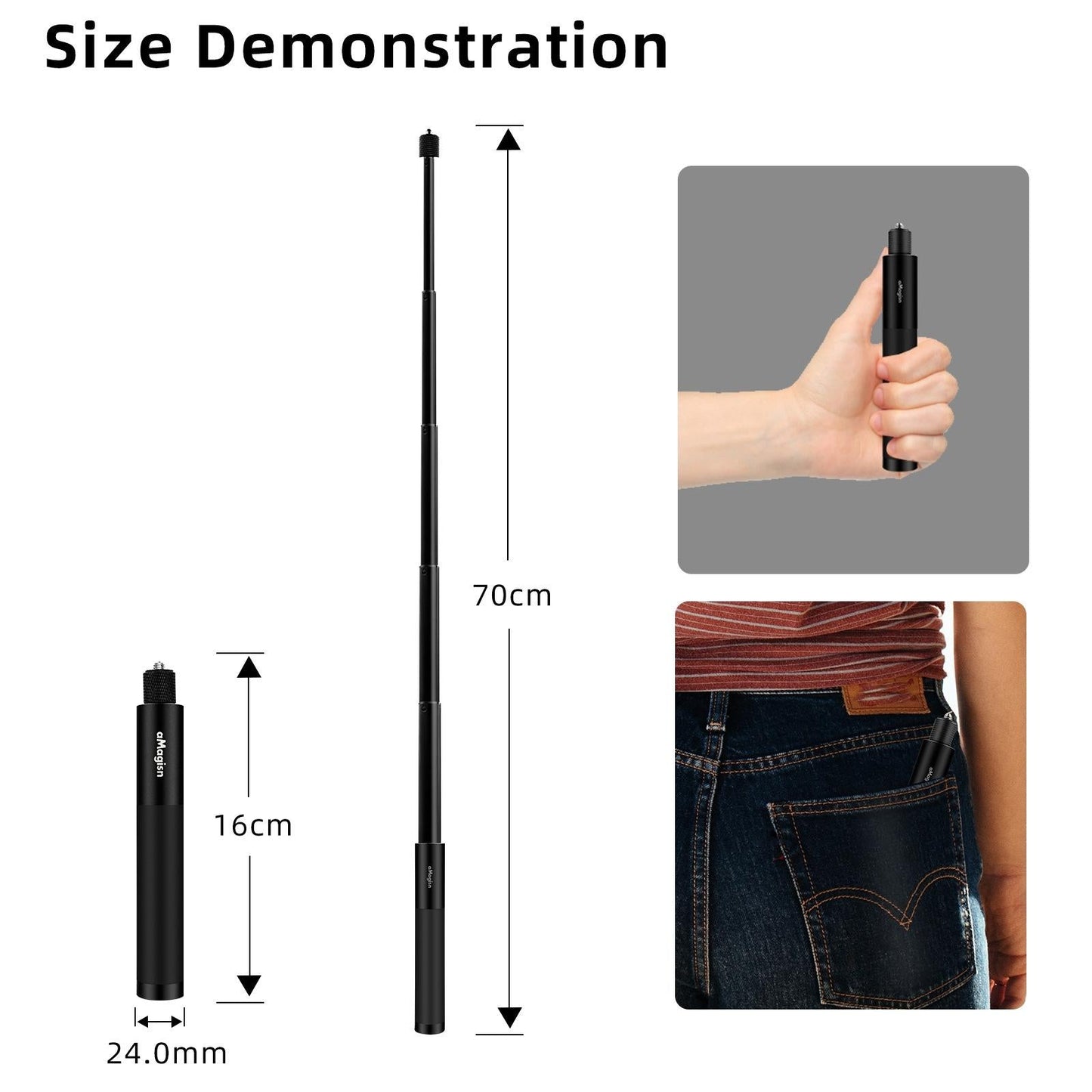 70cm Straight Pull Selfie Stick for Sports Cameras with 3 Jaw Screw - Single Rod