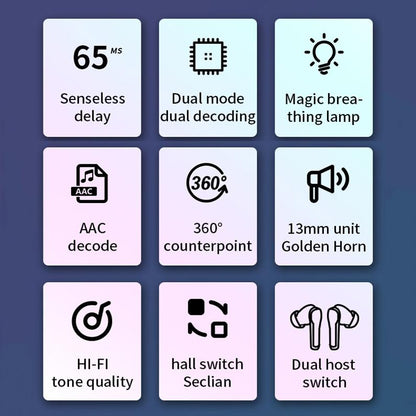 Low Latency Wireless Bluetooth Game Earphones with Colourful Lights - Digital Display