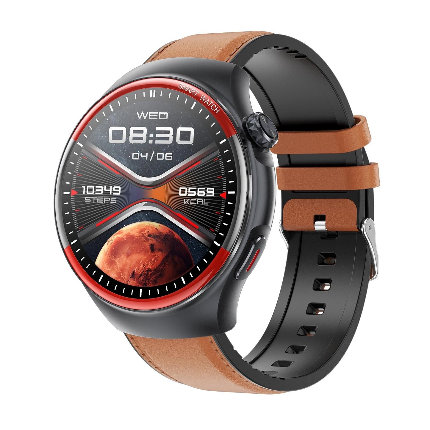 Smart Round Screen Watch With Bt Call And Health Tracking - Leather - Leather Brown
