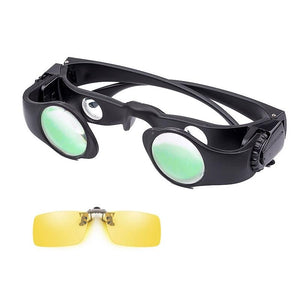 Black Fishing Binoculars with green lenses and a yellow clip on a white background